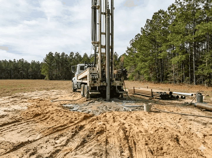 Water well drilling rig boring into Georgia coastal plain soil